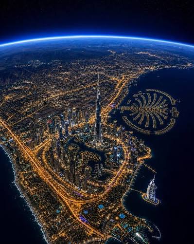 Dubai from orbit at night, the curve of the earth behind it